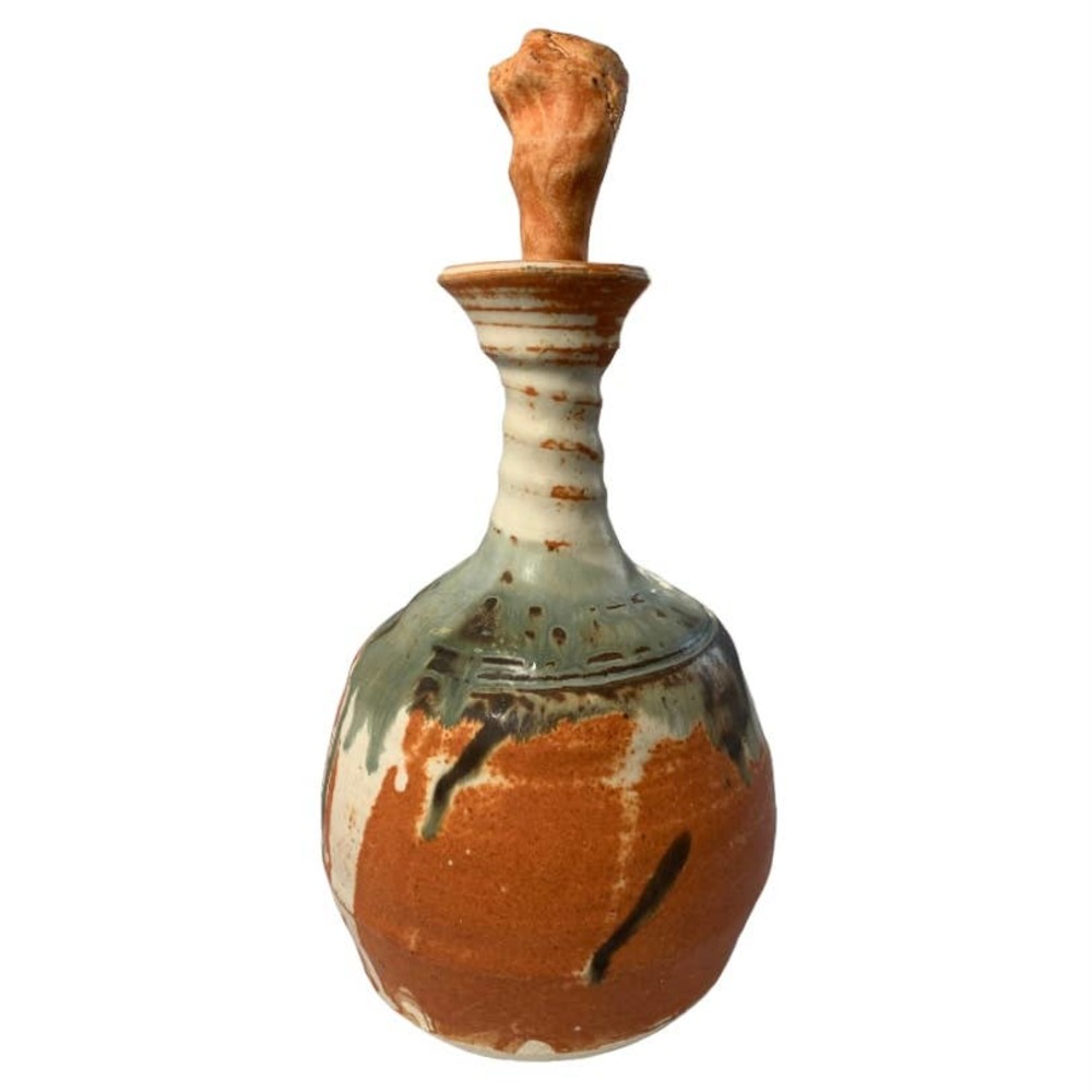 Brutalist Decanter Studio Art Pottery Sanded Slip Glaze Hand Formed Stopper